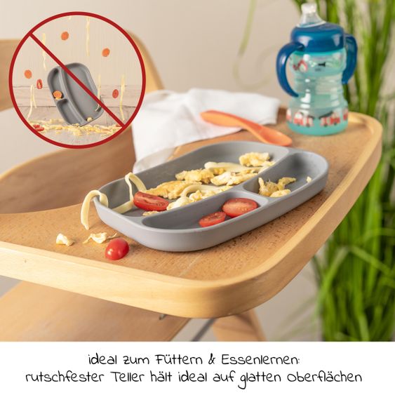 LaLoona 12-tlg. Esslern-Set für Stokke Tripp Trapp - Hochstuhl Sitzkissen + 2x Teller + 2x Besteck + 5x Klettlätzchen - Grau Salbei