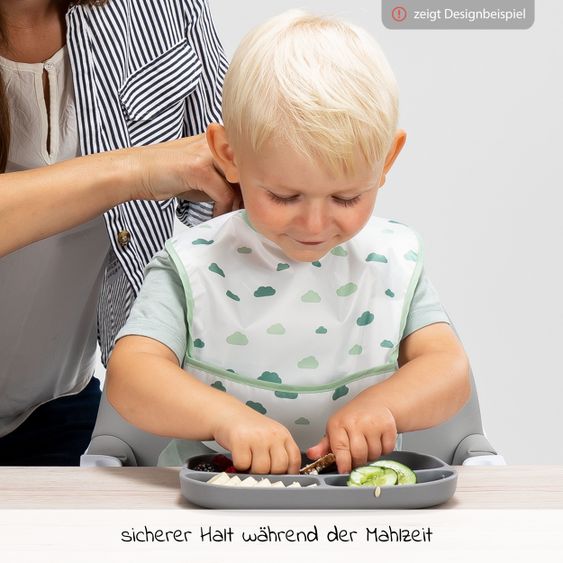 LaLoona 12-tlg. Esslern-Set für Stokke Tripp Trapp - Hochstuhl Sitzkissen + 2x Teller + 2x Besteck + 5x Klettlätzchen - Grau Salbei