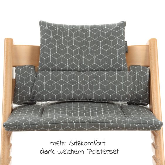 LaLoona 12-tlg. Esslern-Set für Stokke Tripp Trapp - Hochstuhl Sitzkissen + 2x Teller + 2x Besteck + 5x Klettlätzchen - Grau Salbei