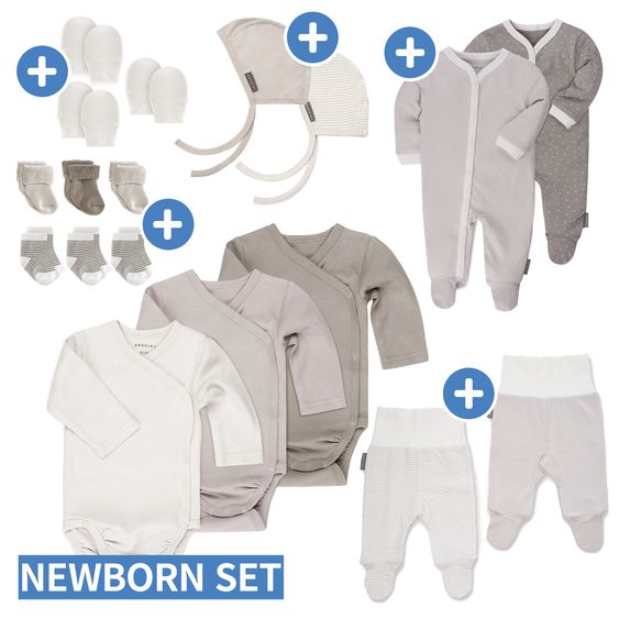 LaLoona 18-piece first baby set including 3 swaddling bodysuits, 2 rompers, 2 pyjamas, 2 first baby hats, 3 pairs of scratch mittens & 6 pairs of first baby socks - natural white - size 50/56