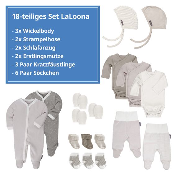 LaLoona 18-tlg. Erstlings-Set Erstausttatung inkl. 3 Wickelbodys, 2 Strampelhosen, 2 Schlafanzüge, 2 Erstlingsmützen, 3 Paar Kratzfäustlinge & 6 Paar Erstlingssöckchen - Natur Weiß - Gr. 62/68