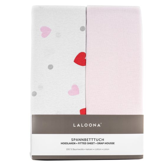 LaLoona 2er Pack Spannbetttuch für Kinderbett 60 x 120 / 70 x 140 cm - Rosa Herzen