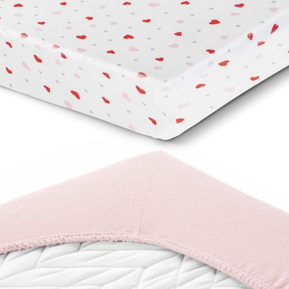 LaLoona 2er Pack Spannbetttuch für Kinderbett 60 x 120 / 70 x 140 cm - Rosa Herzen