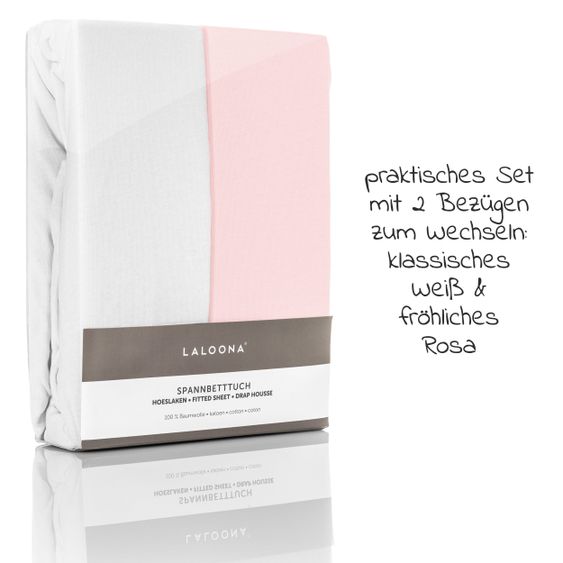 LaLoona Pack of 2 fitted sheet for crib 60 x 120 / 70 x 140 cm - White Pink