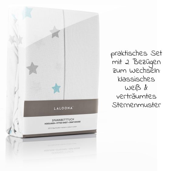 LaLoona 2er Pack Spannbetttuch für Kinderbett 60 x 120 / 70 x 140 cm - Weiß Sterne Grau Mint