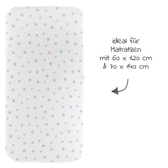LaLoona 2er Pack Spannbetttuch für Kinderbett 60 x 120 / 70 x 140 cm - Weiß Sterne Grau Mint