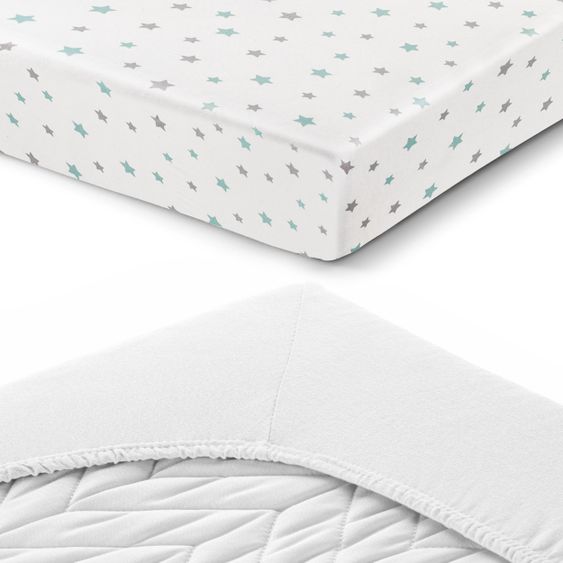 LaLoona 2er Pack Spannbetttuch für Kinderbett 60 x 120 / 70 x 140 cm - Weiß Sterne Grau Mint