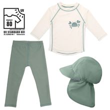 3-tlg. Bade-Set Shirt, Leggings & Schirmmütze mit UV-Schutz - Krabbe - Salbeigrün / Offwhite - Gr. 98