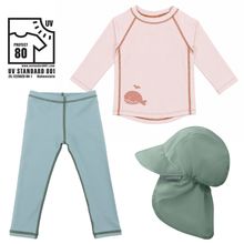3-tlg. Bade-Set Shirt, Leggings & Schirmmütze mit UV-Schutz - Wal - Rosé / Grün - Gr. 86/92