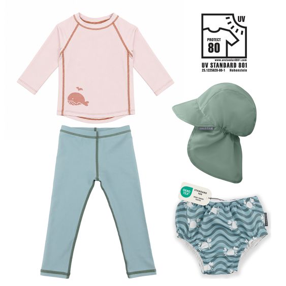 LaLoona 4-tlg. Bade-Set Shirt, Leggings, Schwimmwindel & Schirmmütze mit UV-Schutz - Wal / Krabbe - Rosé / Grün - Gr. 86/92