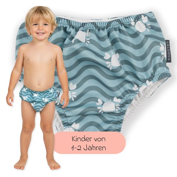 LaLoona 4-tlg. Bade-Set Shirt, Leggings, Schwimmwindel & Schirmmütze mit UV-Schutz - Wal / Krabbe - Rosé / Grün - Gr. 86/92