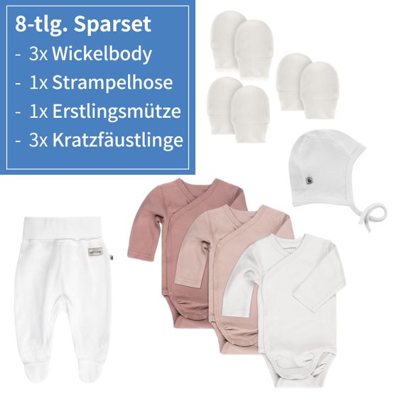 LaLoona 8-tlg. Wickelbody Set inkl. Strampelhose, Erstlingsmütze & 3 Paar Kratzfäustlinge - Beere Weiß - Gr. 50/56