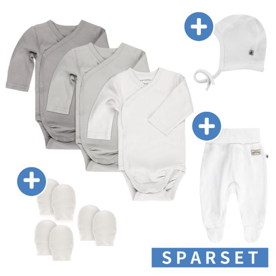 LaLoona Set di tutine in fasce da 8 pezzi con tutina, primo cappello e 3 paia di guantini - Grigio Bianco - Taglia 50/56