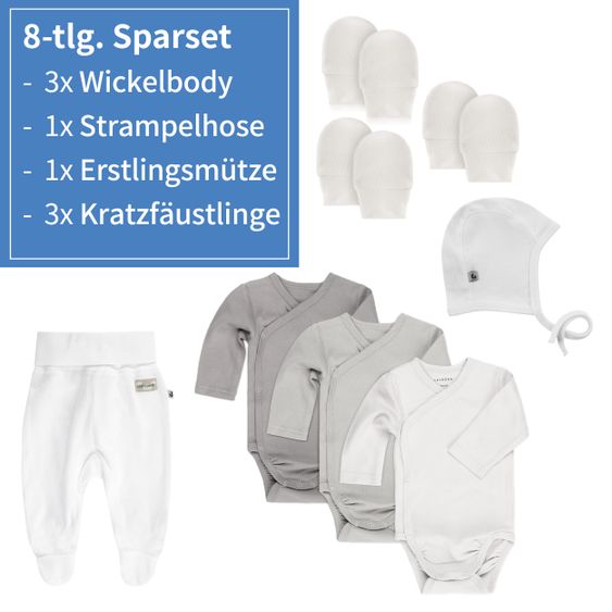 LaLoona Set di tutine in fasce da 8 pezzi con tutina, primo cappello e 3 paia di guantini - Grigio Bianco - Taglia 50/56