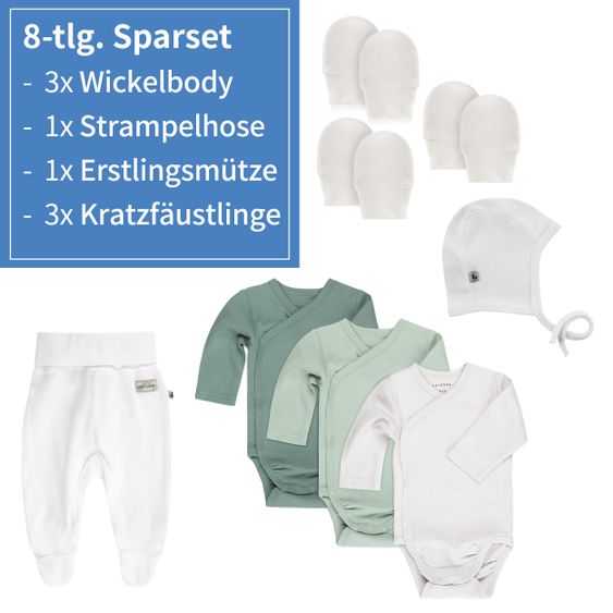 LaLoona 8-tlg. Wickelbody Set inkl. Strampelhose, Erstlingsmütze & 3 Paar Kratzfäustlinge - Salbei Weiß - Gr. 50/56