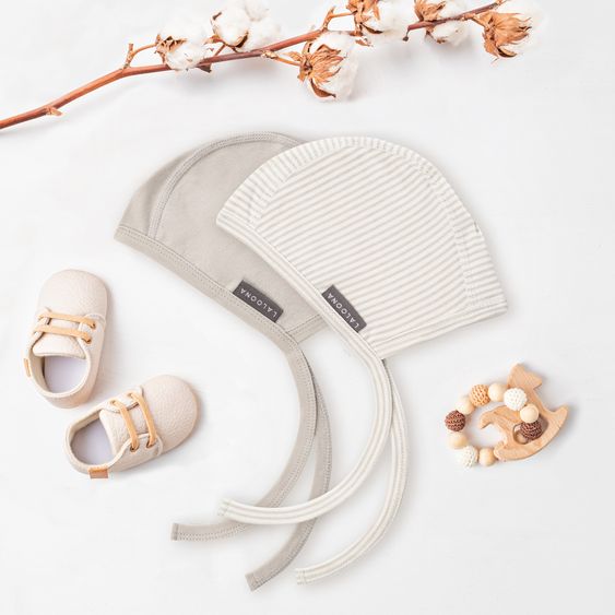 LaLoona First hat / baby hat 2-pack to tie - Stripes - Light Taupe - Size 50/56