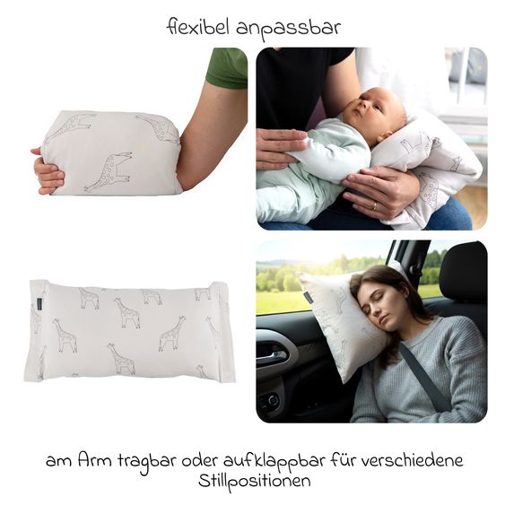 LaLoona Cuscino da viaggio per l'allattamento / mini cuscino per l'allattamento 2in1 e cuscino per bambini da portare in viaggio - Giraffe - Taupe