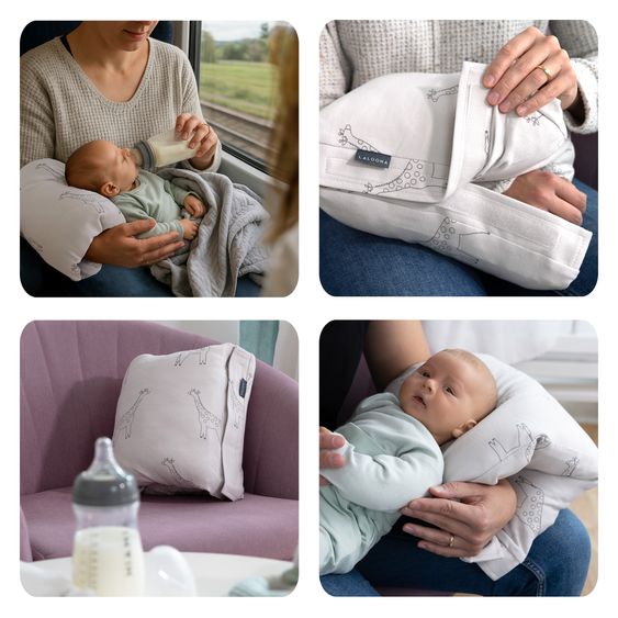 LaLoona Cuscino da viaggio per l'allattamento / mini cuscino per l'allattamento 2in1 e cuscino per bambini da portare in viaggio - Giraffe - Taupe