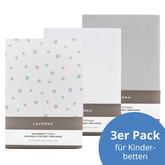 LaLoona Spannbetttuch 3er Pack für Kinderbett 60 x 120 / 70 x 140 cm - Sterne Grau Mint / Weiß / Hellgrau