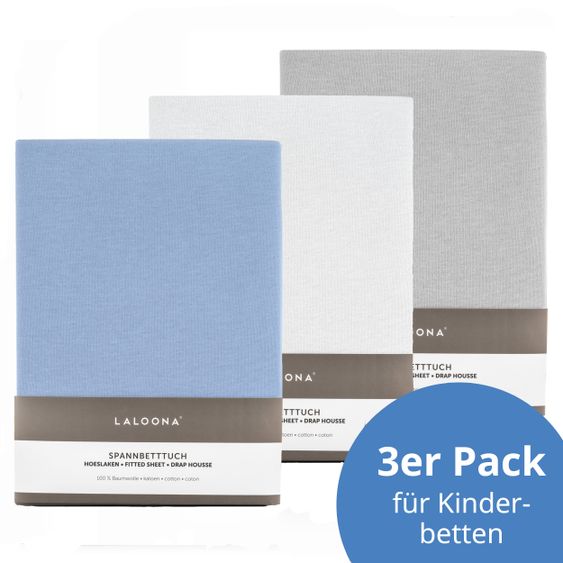 LaLoona Fitted sheet 3-pack for crib 60 x 120 / 70 x 140 cm - White / Light blue / Light gray