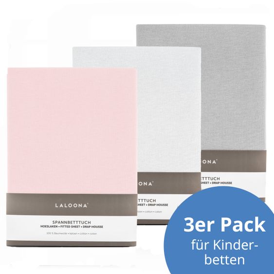 LaLoona Lenzuolo a pieghe 3 Pack per lettino 60 x 120 / 70 x 140 cm - Bianco / Rosa / Grigio chiaro