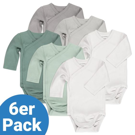 LaLoona Wickelbody Langarm 6er Pack - Salbei Grau - Gr. 50/56