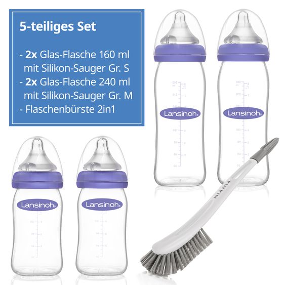 Lansinoh 5-piece starter set 4x glass bottle Natural Wave incl. silicone teat size S & M + bottle brush 2in1