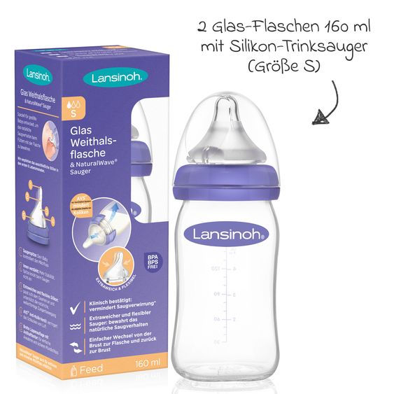 Lansinoh 5-piece starter set 4x glass bottle Natural Wave incl. silicone teat size S & M + bottle brush 2in1