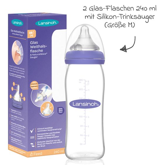 Lansinoh 5-piece starter set 4x glass bottle Natural Wave incl. silicone teat size S & M + bottle brush 2in1