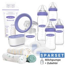 70-tlg. Still-Set - elektr. Milchpumpe Kompakt + 4 Glas-Flaschen + 36 Stilleinlagen + 25 Muttermilchbeutel + 1 Brustwarzensalbe + 3 Spucktücher