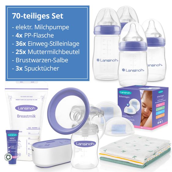 Lansinoh 70-piece breastfeeding set - electric breast pump compact + 4 PP bottles + 36 nursing pads + 25 breast milk bags + 1 nipple ointment + 3 burp cloths