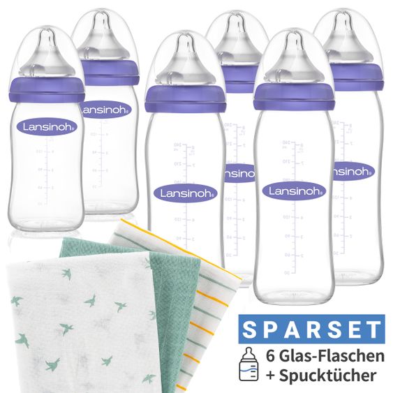 Lansinoh 9-tlg. Glas-Flaschen-Set mit NaturalWave® Trinksauger Gr. S & M + 3 Mullwindeln