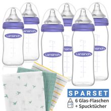 9 pcs. glass bottle set with NaturalWave® teat size S & M + 3 muslin diapers