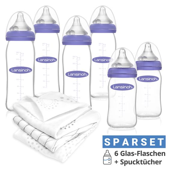 Lansinoh 9-tlg. Glas-Flaschen-Set mit NaturalWave® Trinksauger Gr. S & M + 3 Spucktücher