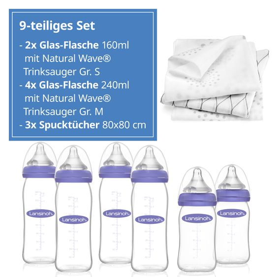 Lansinoh 9-piece glass bottle set with NaturalWave® teats size S & M + 3 burp cloths