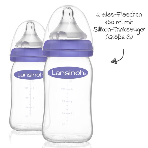 Lansinoh 9-tlg. Glas-Flaschen-Set mit NaturalWave® Trinksauger Gr. S & M + 3 Spucktücher