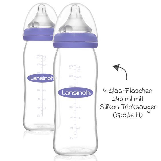 Lansinoh 9-tlg. Glas-Flaschen-Set mit NaturalWave® Trinksauger Gr. S & M + 3 Spucktücher