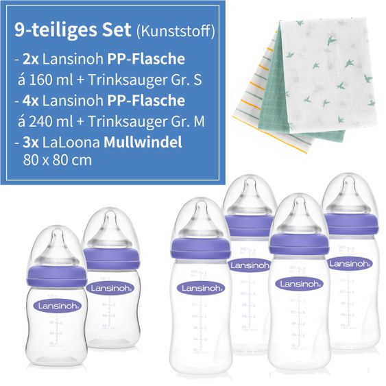 Lansinoh 9-tlg. PP-Flaschen-Set mit NaturalWave® Trinksauger Gr. S & M + 3 Mullwindeln
