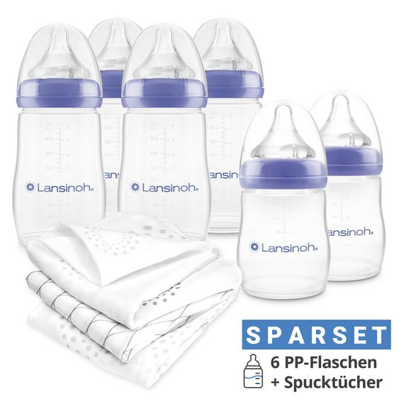 Lansinoh 9-tlg. PP-Flaschen-Set mit NaturalWave® Trinksauger Gr. S & M + 3 Spucktücher