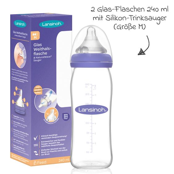 Lansinoh Glass bottle 2-pack 240ml with NaturalWave® teat size M