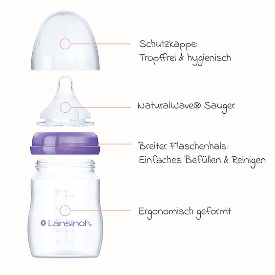 Lansinoh PP-Flasche 2er Pack 240ml mit Natural Wave® Trinksauger Gr. M