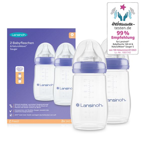 Lansinoh PP-Flasche 2er Pack 240ml mit Natural Wave® Trinksauger Gr. M