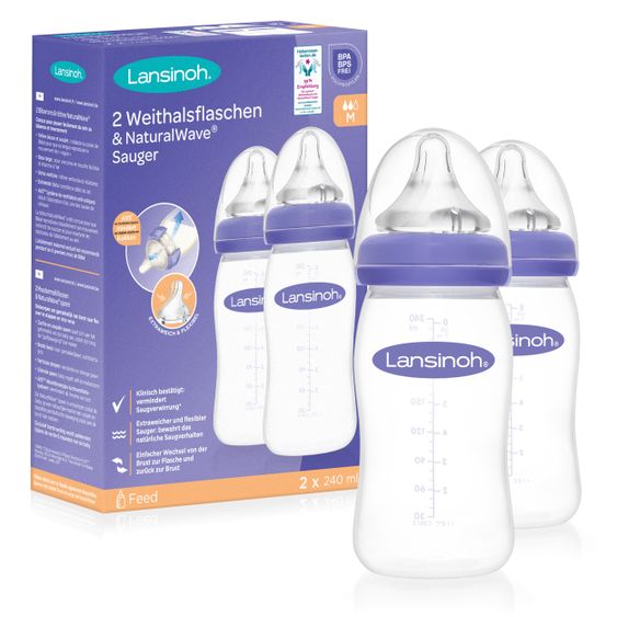 Lansinoh PP-Flasche 2er Pack 240ml mit NaturalWave® Trinksauger Gr. M