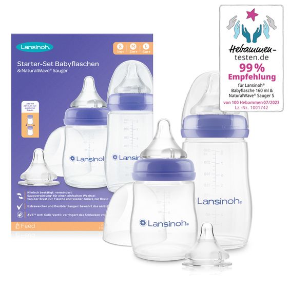 Lansinoh Starter set with 2 PP bottles (160 ml & 240 ml), 3 Natural Wave® teats (sizes S, M & L)