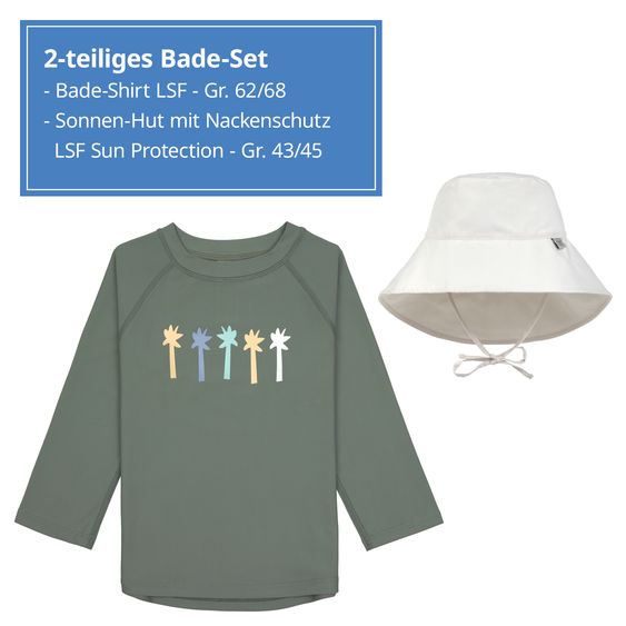 Lässig 2-tlg. Bade-Set Shirt & Sonnenhut - Palms - Deep Olive / Sea Salt