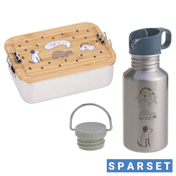 Lässig 2-pc Lunch Set made of Stainless Steel & Bamboo Lunchbox + Drinking Bottle - Happy Prints