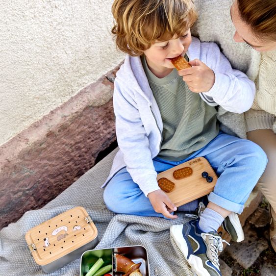 Lässig 2-pc Lunch Set made of Stainless Steel & Bamboo Lunchbox + Drinking Bottle - Happy Prints