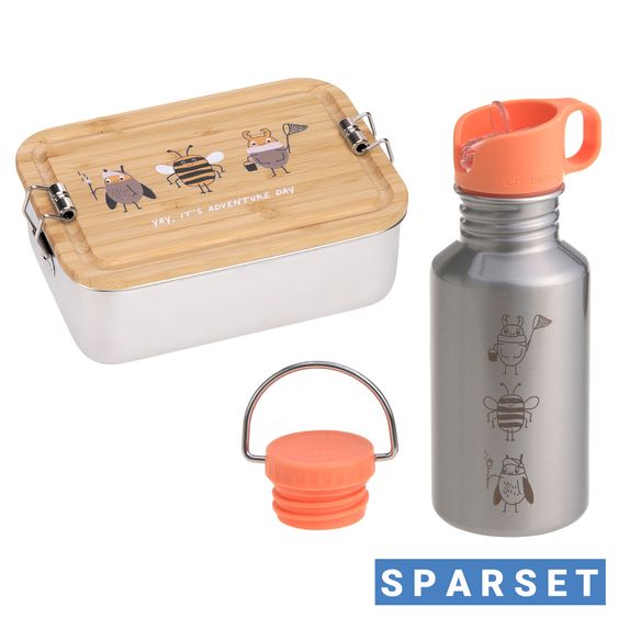 Lässig 2-pc Lunch Set made of Stainless Steel & Bamboo Lunchbox + Drinking Bottle - Nature