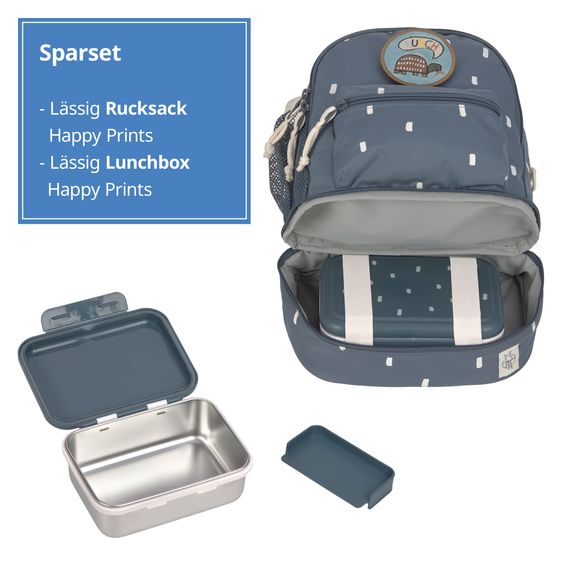 Lässig 2-piece set backpack mini backpack & stainless steel lunch box - Happy Prints - Midnight Blue