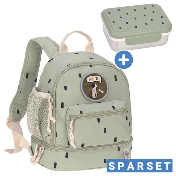 Lässig 2-tlg. Set Rucksack Mini Backpack & Edelstahl-Brotdose Lunchbox - Happy Prints - Light Olive